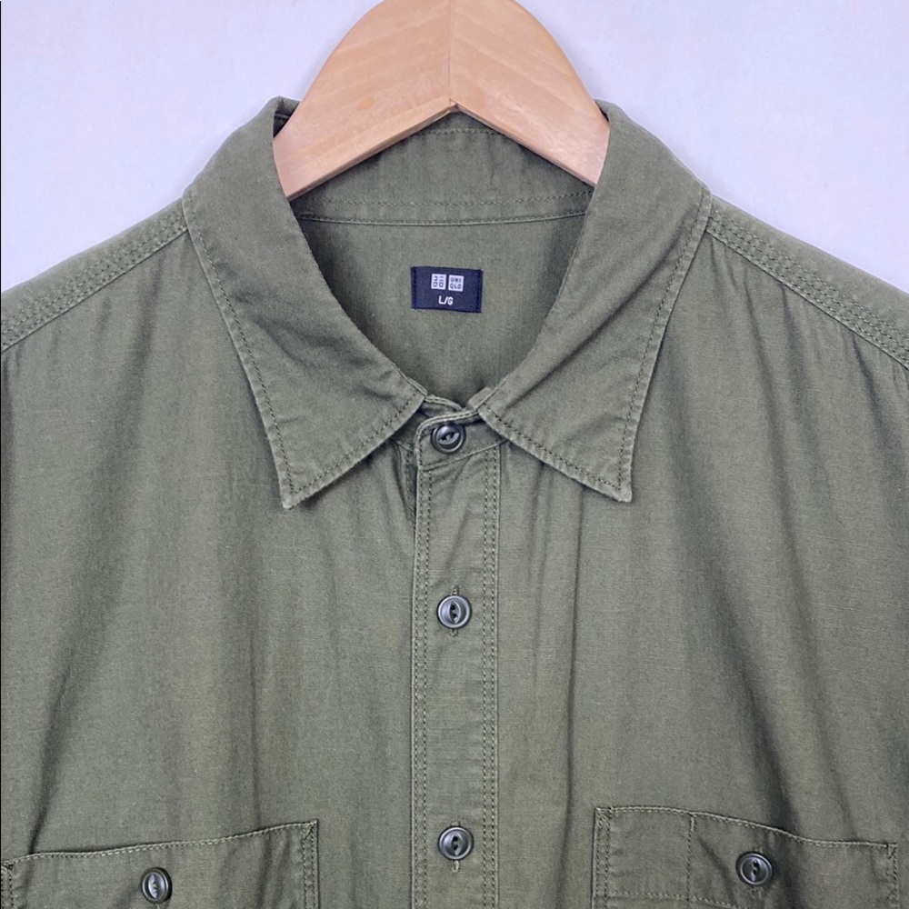 Uniqlo L Utility Shirt Overshirt Military Army Green Relaxed Fit Cotton Pockets